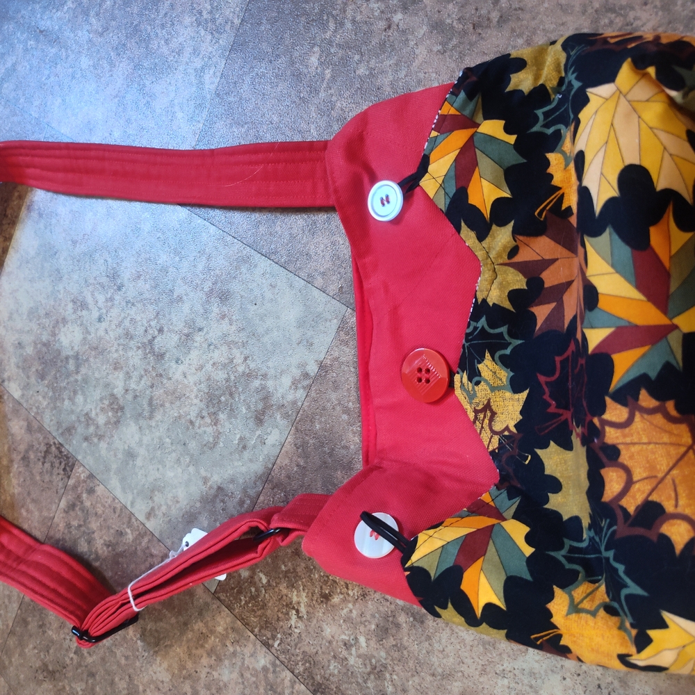 Colorful Leaf Print Bag with Red Straps